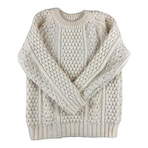 Vintage Aran Fishermans Ivory Irish Thick-Wool Cable-Knit Sweater Womens S/M